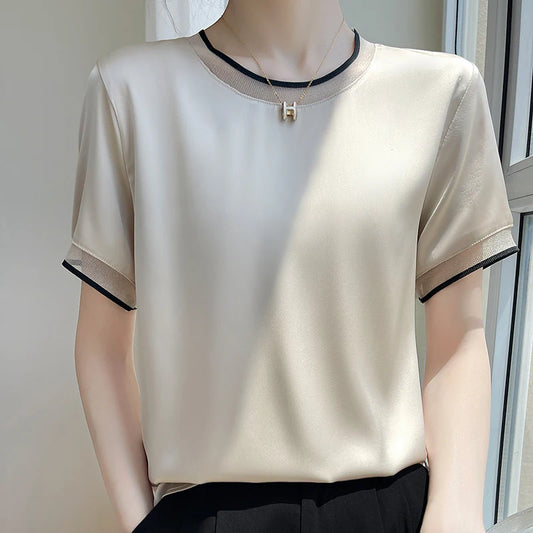 Beliarst Satin Piped Short-Sleeved Blouse