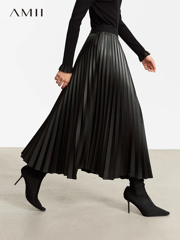 Amii Faux-Leather Pleated Midi Skirt