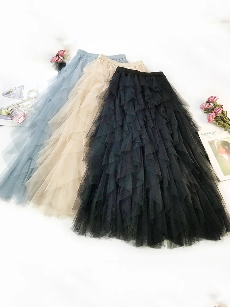 Tulle Ruffle Midi Skirt