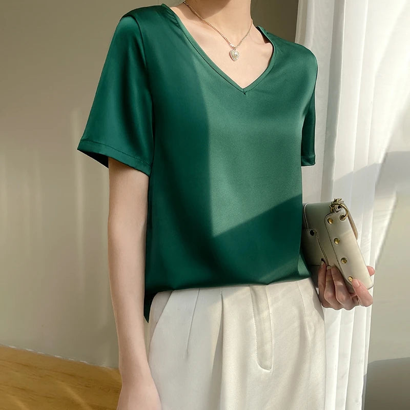 Satin Short-Sleeved V-Neck Blouse