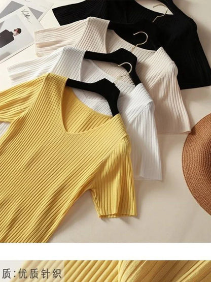 V-Neck Short-Sleeved Ribbed Blouse