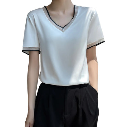 Beliarst Satin Piped Short-Sleeved Blouse