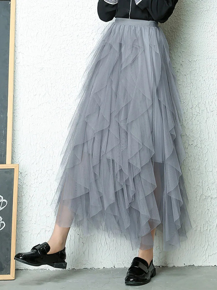 Tulle Ruffle Midi Skirt