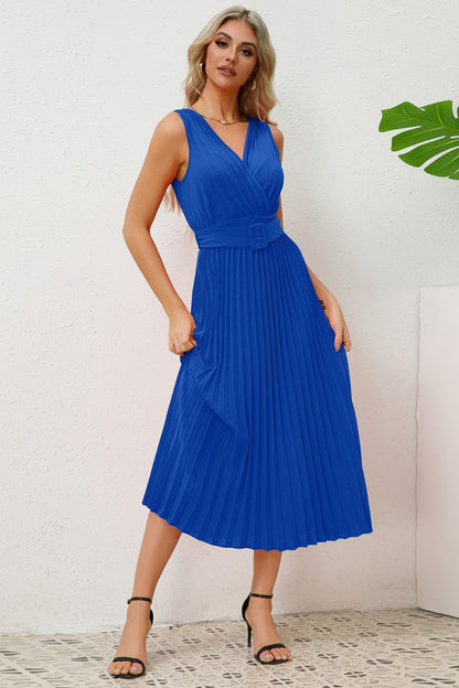 Sleeveless Pleated V-Neck Dress