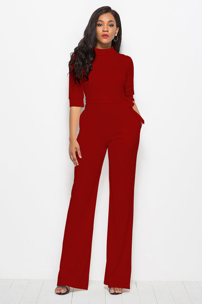 Mock-Neck Tie-Waist Jumpsuit