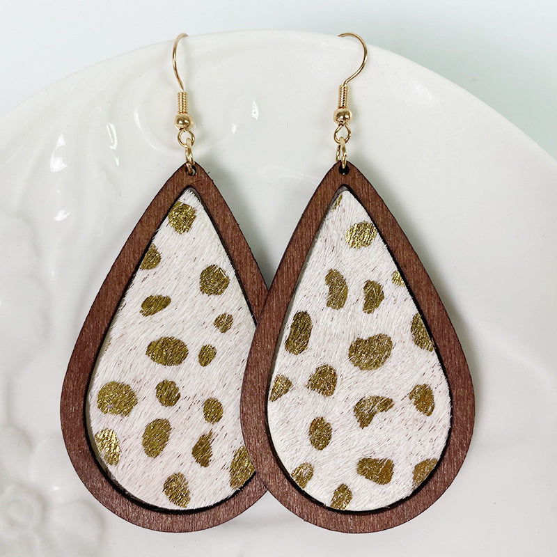 Wooden Teardrop Animal-Print Earrings