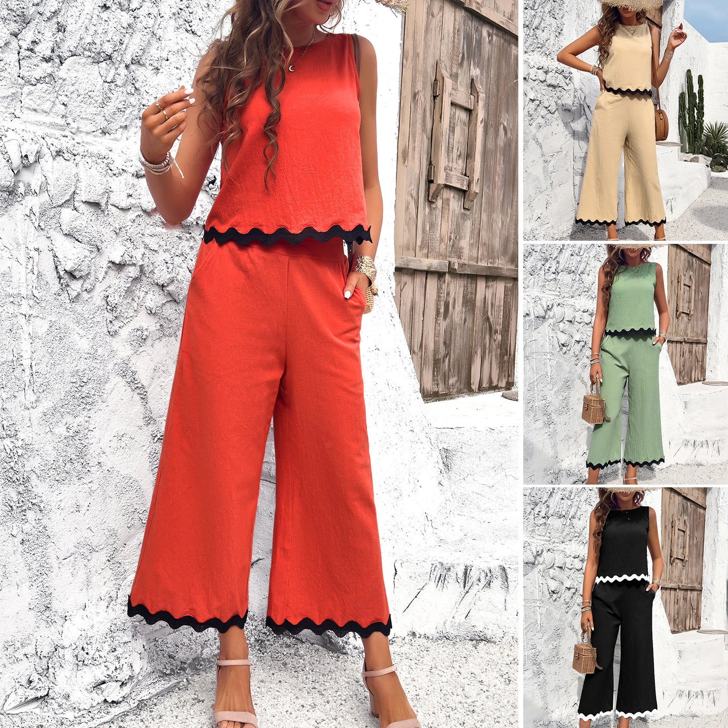 Ric Rac Sleeveless Top And Cropped Wide-Leg Pant