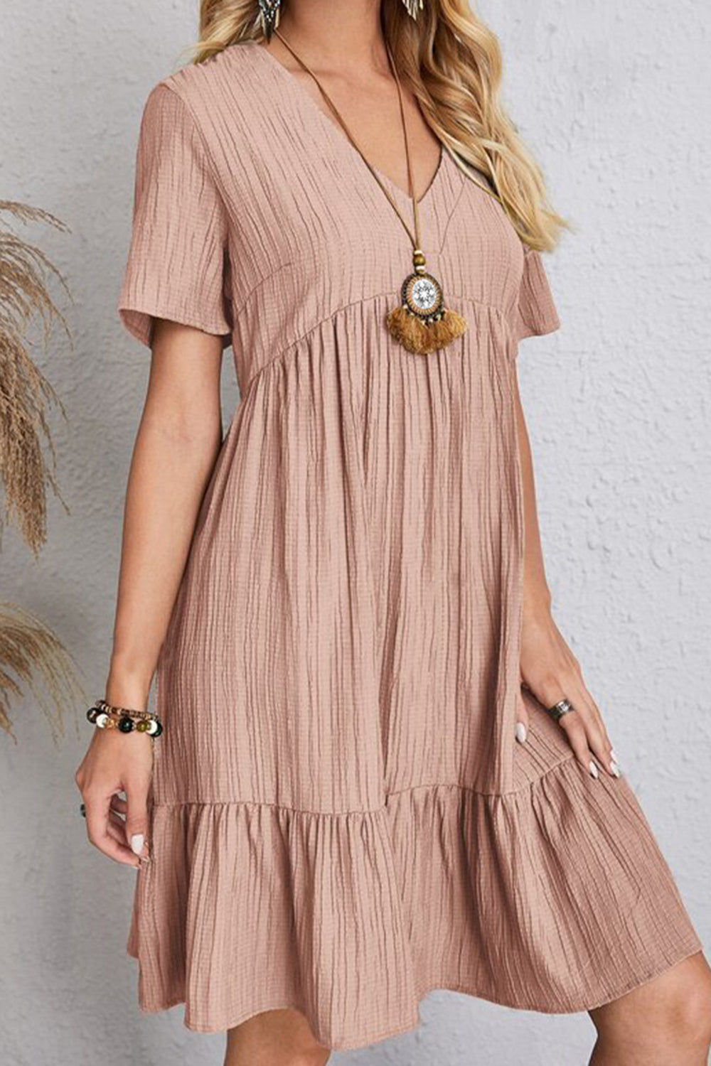 Cotton V-Neck Short-Sleeved Dress