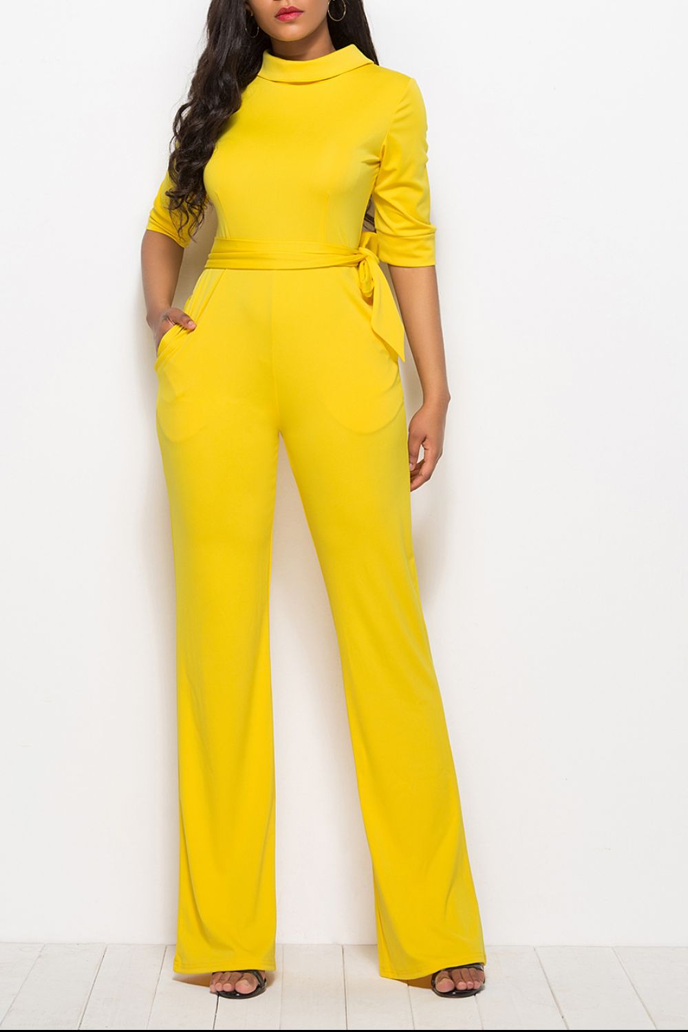 Mock-Neck Tie-Waist Jumpsuit