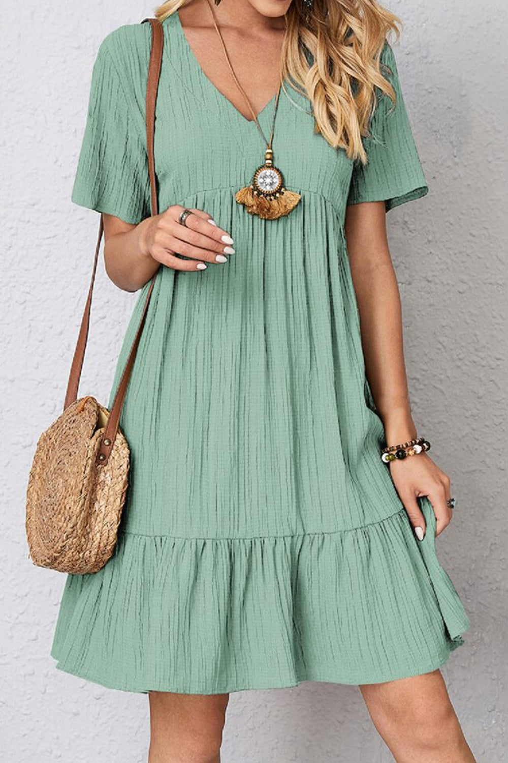 Cotton V-Neck Short-Sleeved Dress