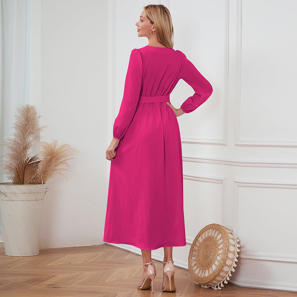 Buttoned V-Neck Long-Sleeved Dress