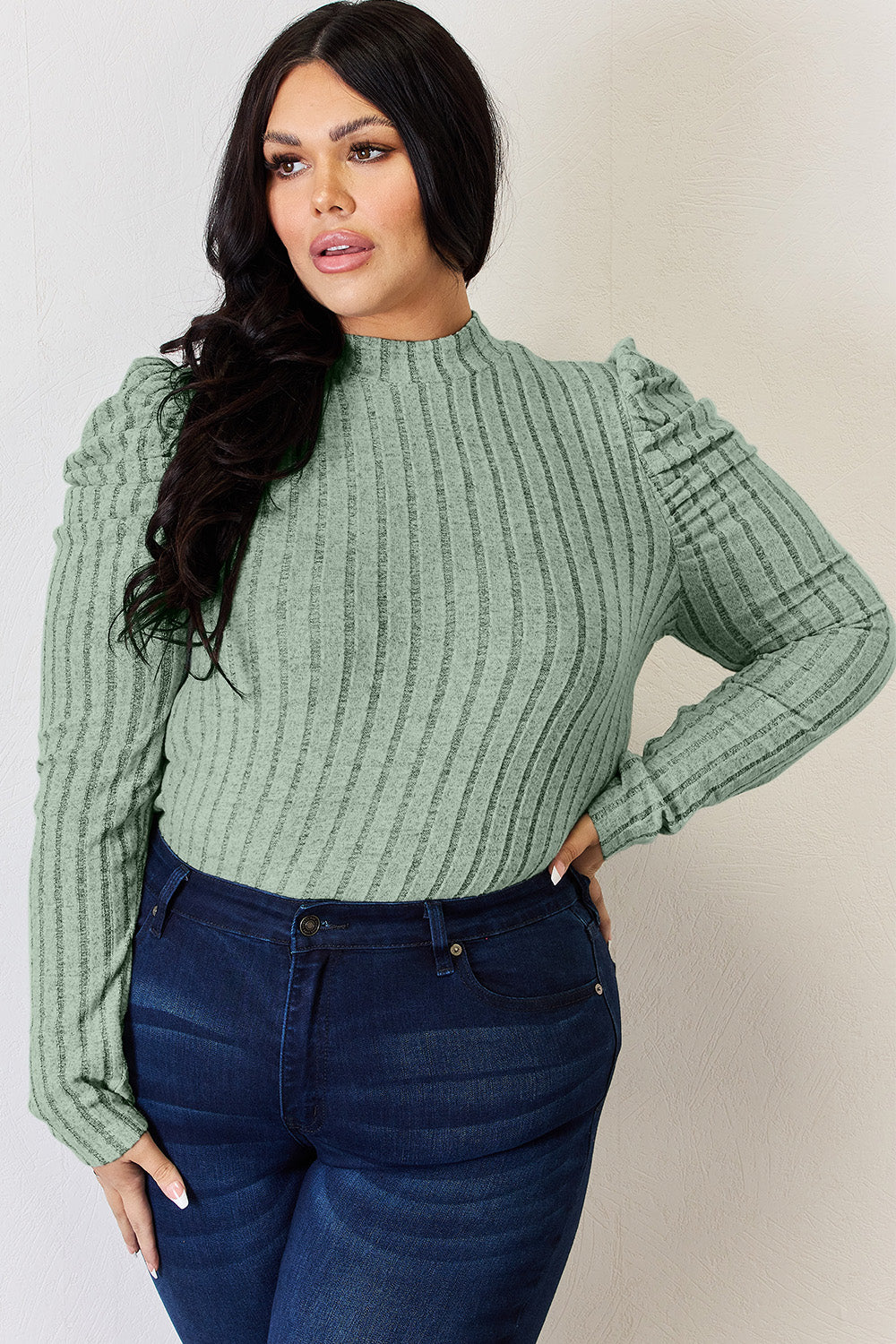 Basic Bae Mock Neck Ribbed Puff Sleeve Shirt