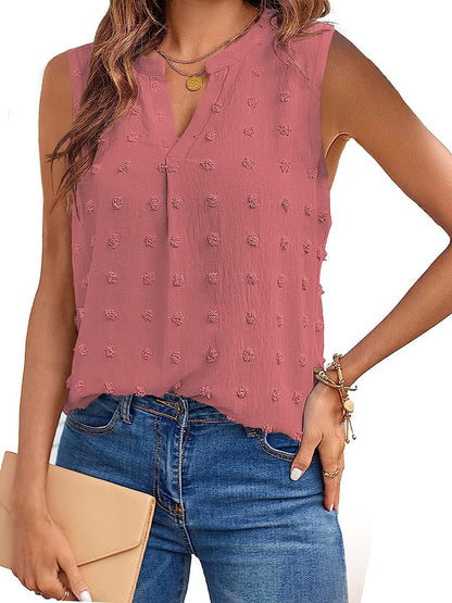 Swiss Dot Notched Sleeveless Blouse