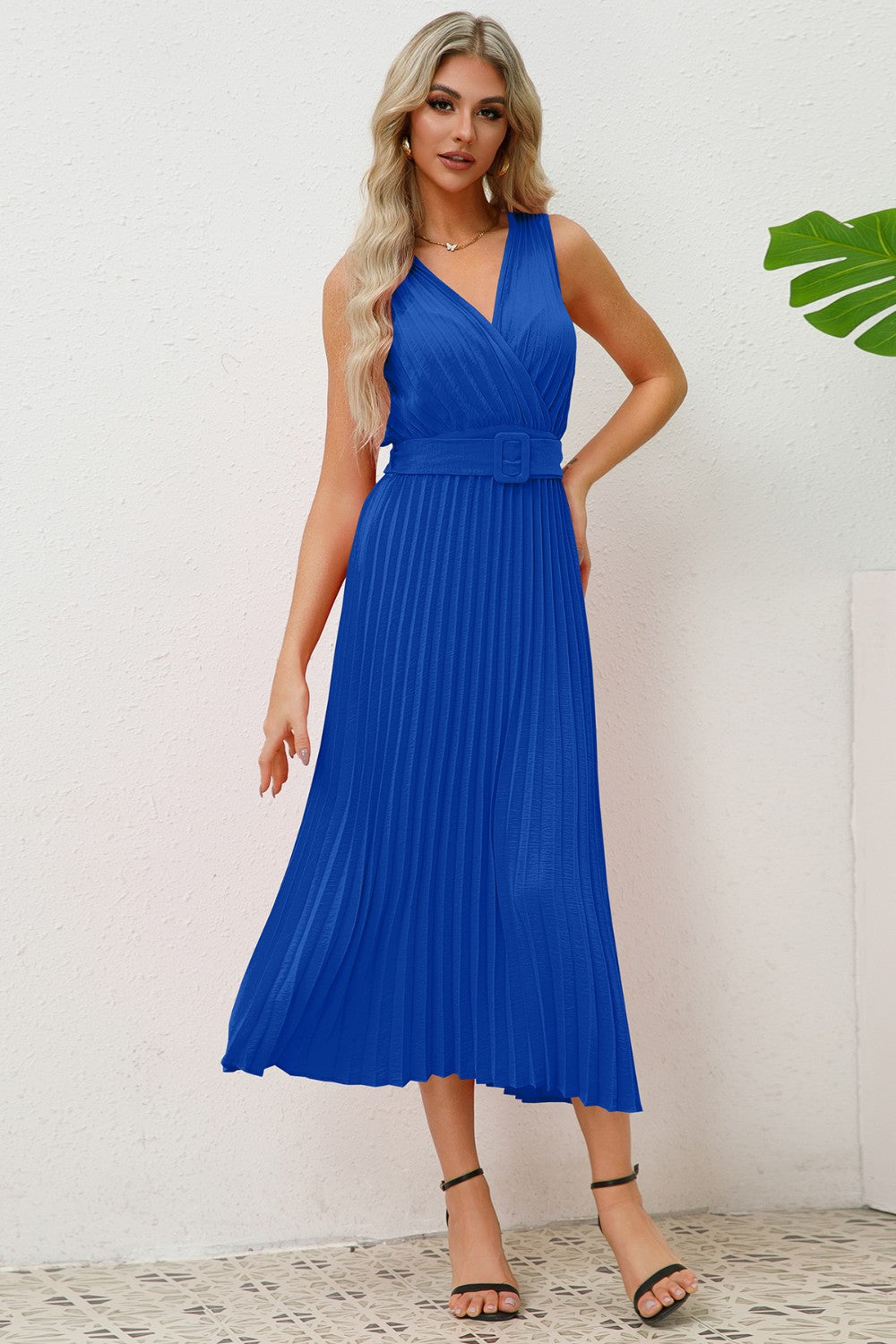 Sleeveless Pleated V-Neck Dress