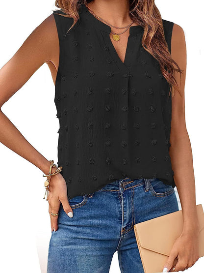 Swiss Dot Notched Sleeveless Blouse