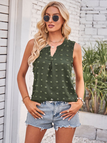 Swiss Dot Notched Sleeveless Blouse