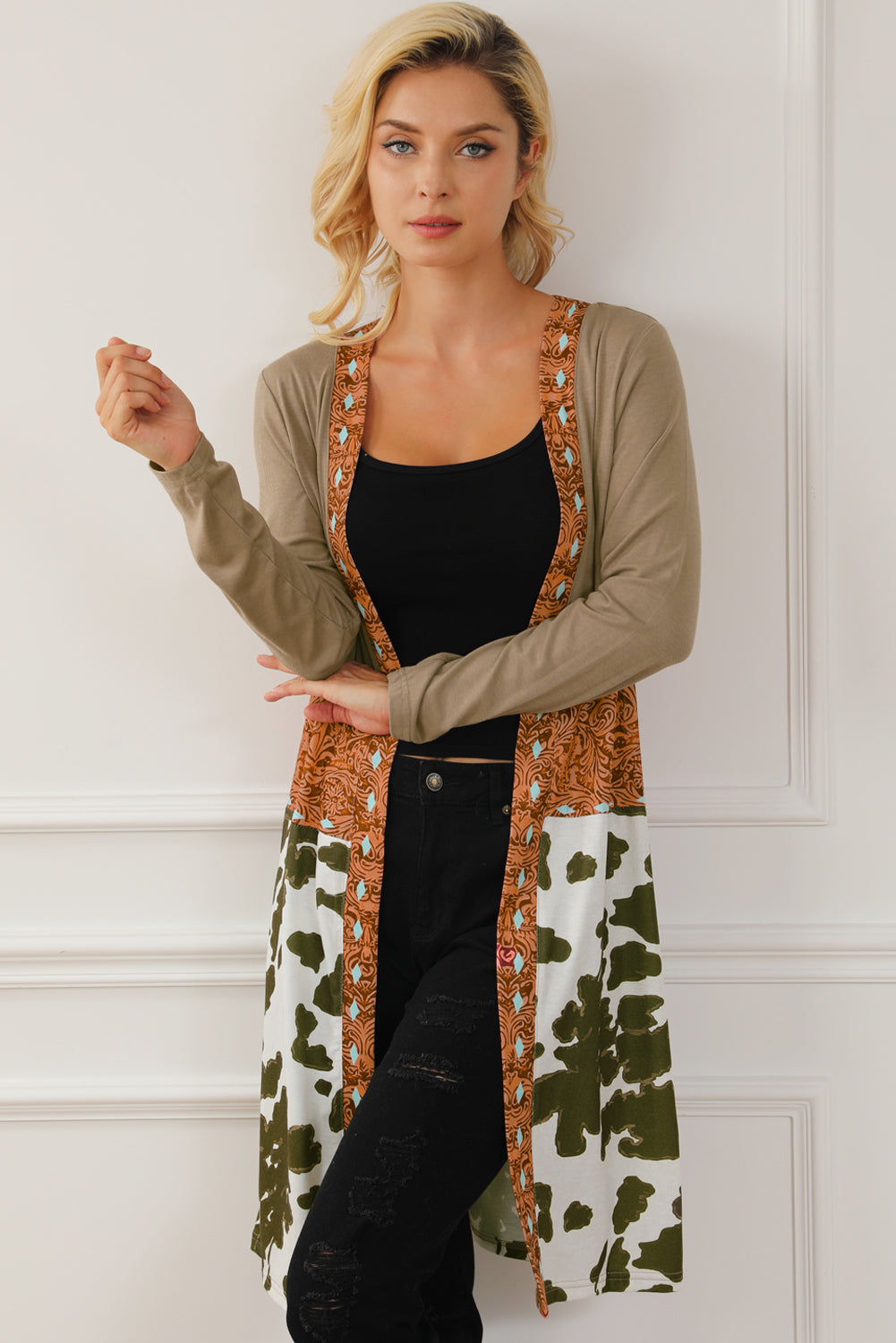 Printed Long Sleeve Open Front Outerwear