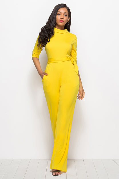 Mock-Neck Tie-Waist Jumpsuit