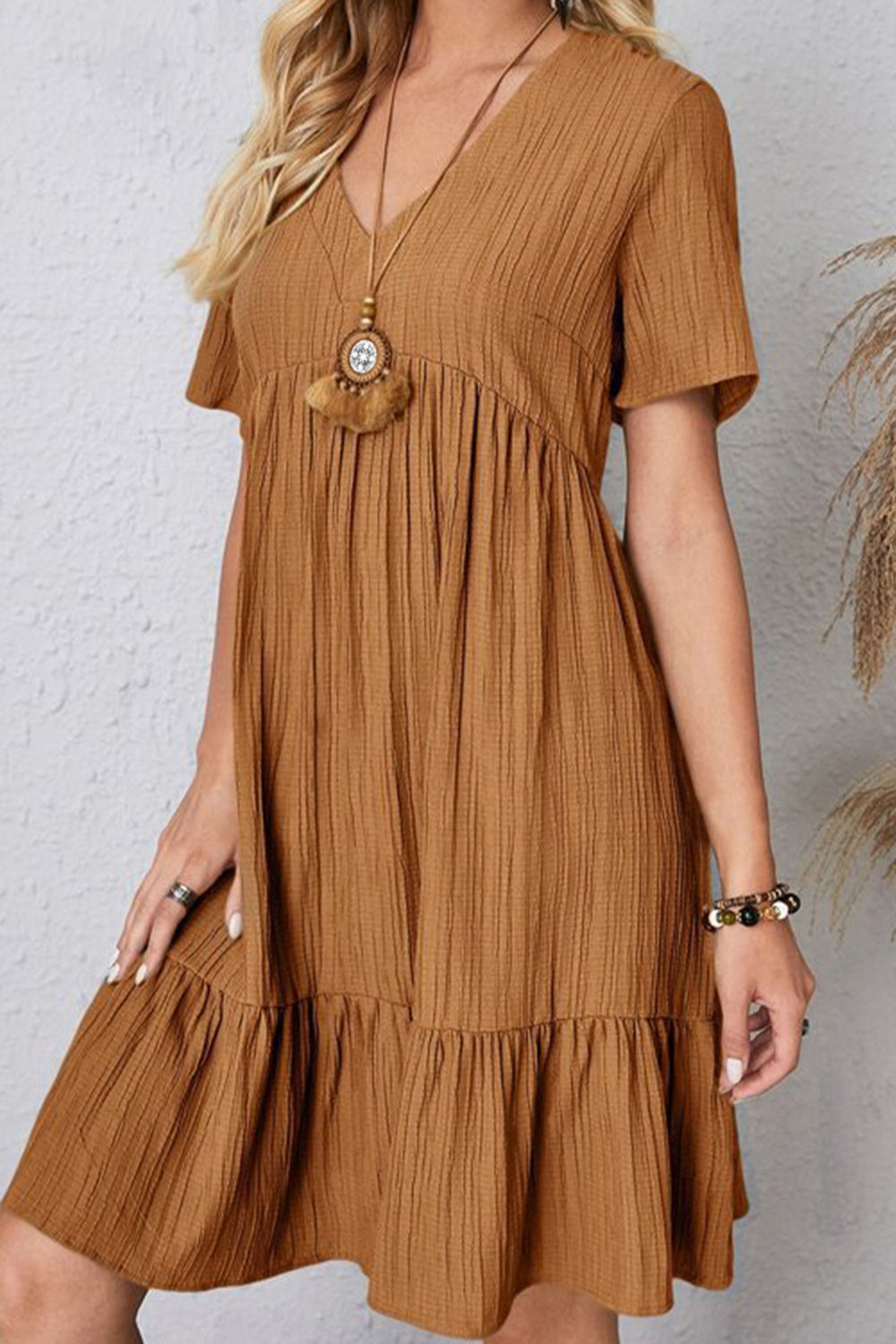 Cotton V-Neck Short-Sleeved Dress