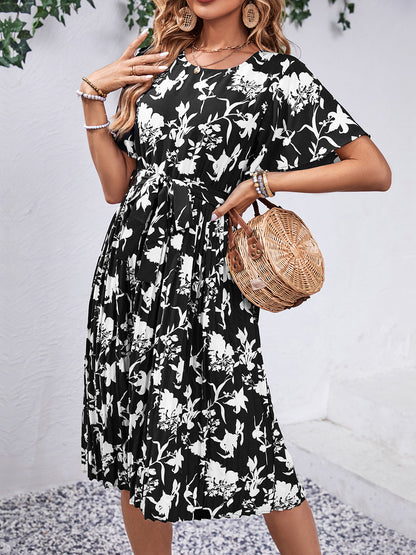 Printed Short-Sleeved Midi Dress