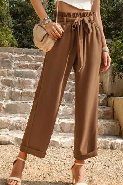 Paperbag-Waist Cropped Straight-Leg Pants