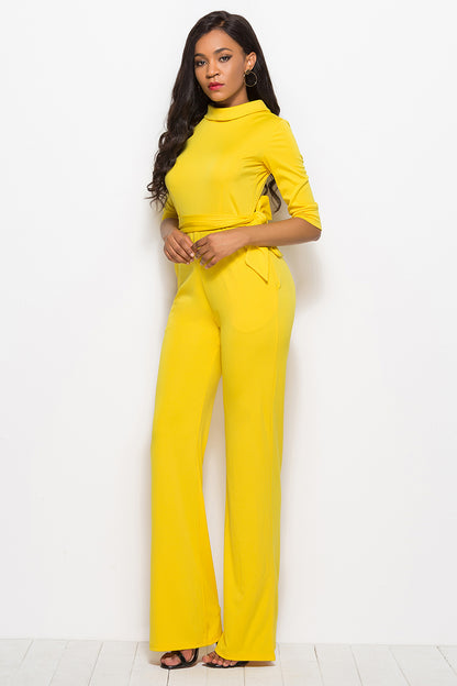 Mock-Neck Tie-Waist Jumpsuit