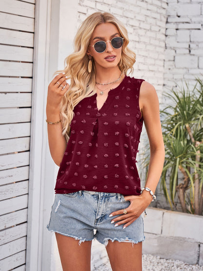 Swiss Dot Notched Sleeveless Blouse