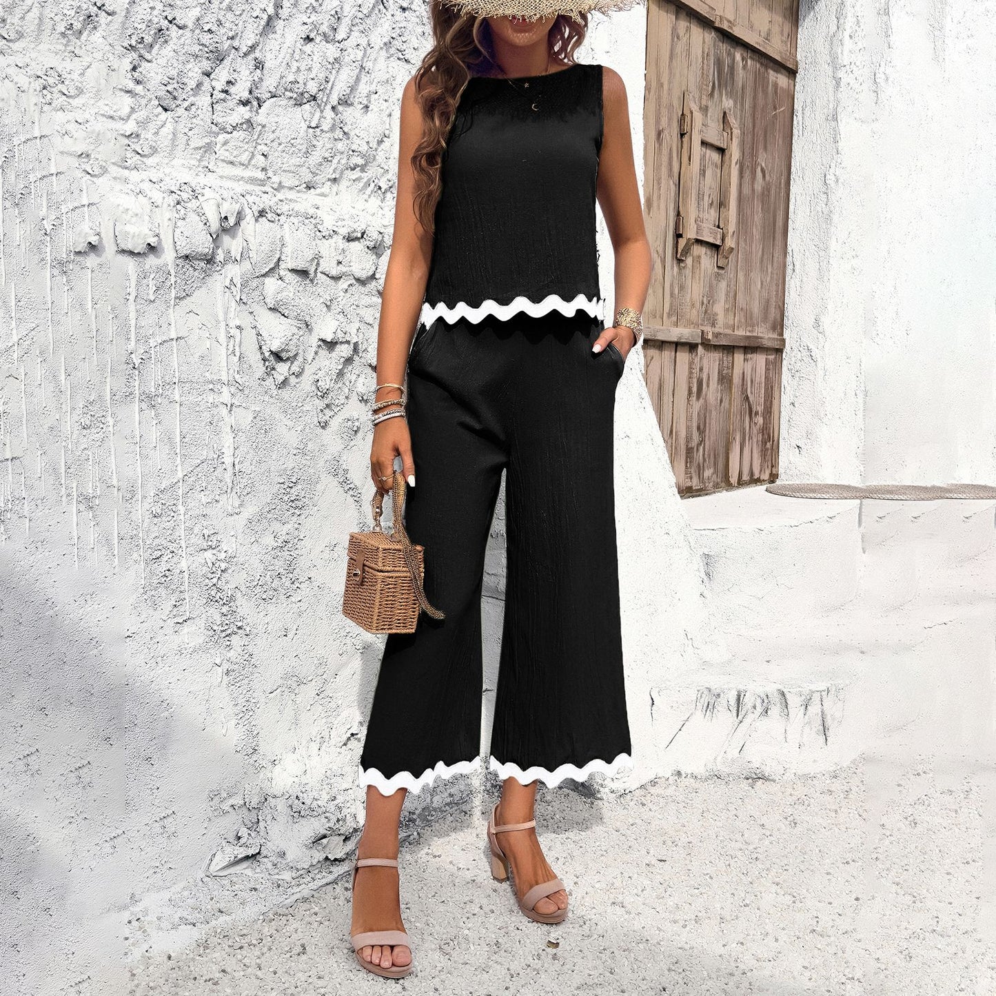 Ric Rac Sleeveless Top And Cropped Wide-Leg Pant