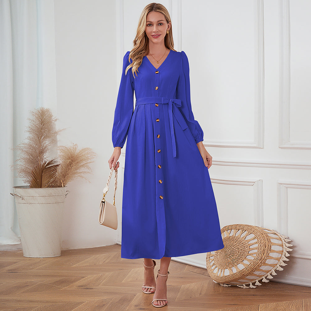 Buttoned V-Neck Long-Sleeved Dress