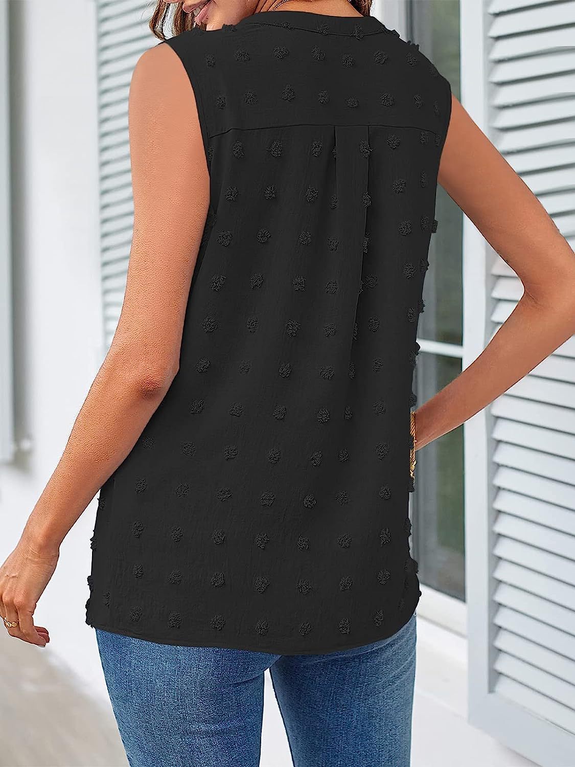 Swiss Dot Notched Sleeveless Blouse