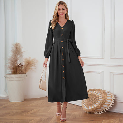 Buttoned V-Neck Long-Sleeved Dress