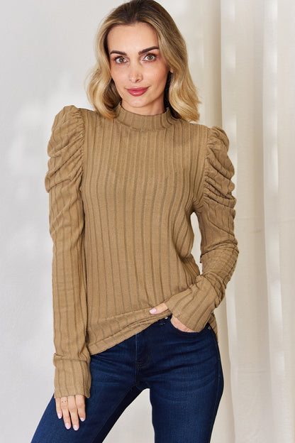 Basic Bae Mock Neck Ribbed Puff Sleeve Shirt