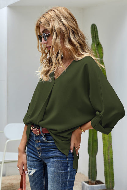 V-Neck Roll-Tab Sleeve Blouse