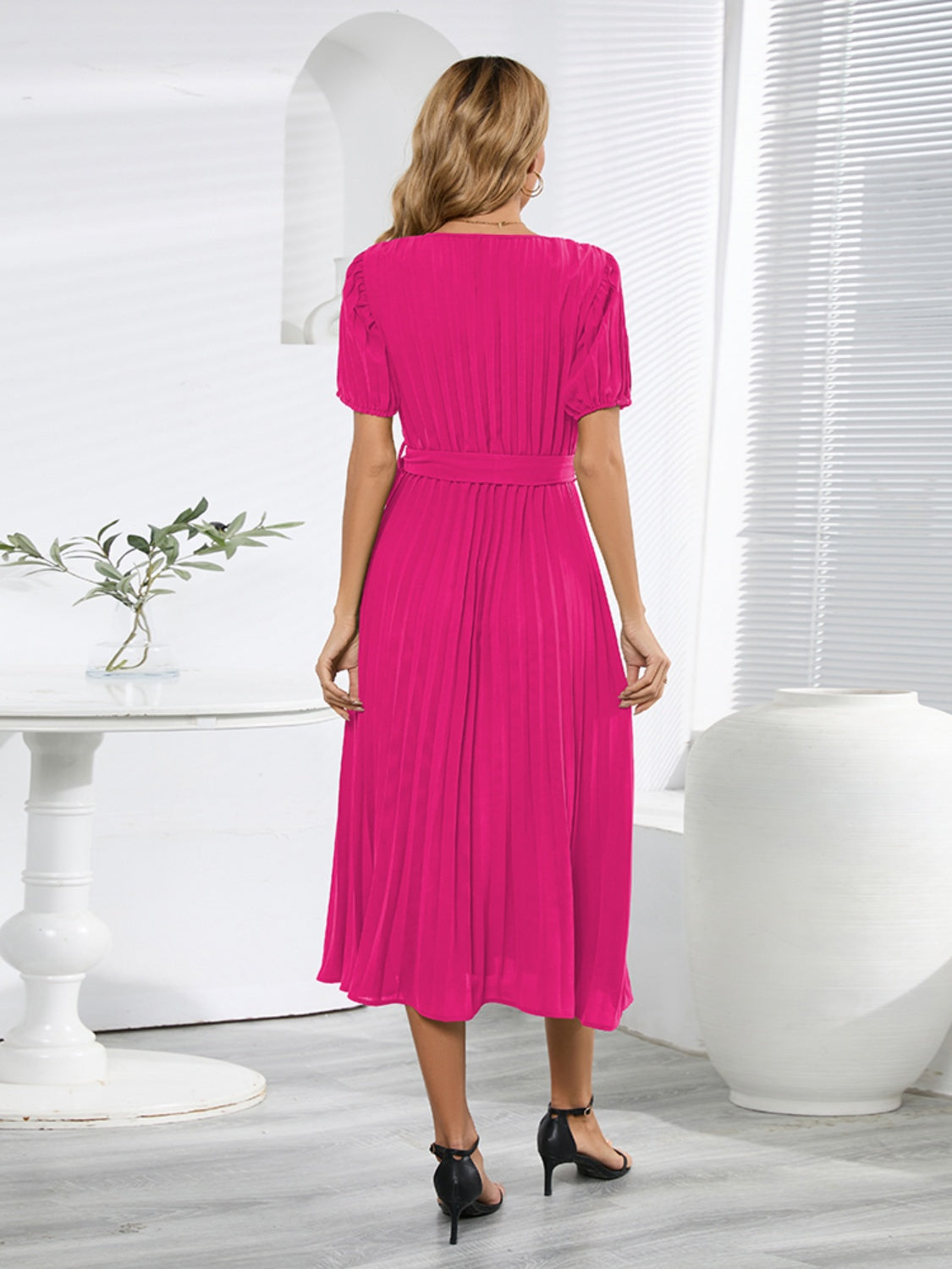 Pleated Short-Sleeved Midi Dress