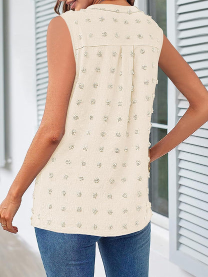 Swiss Dot Notched Sleeveless Blouse