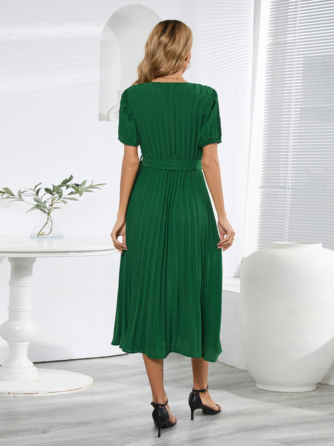 Pleated Short-Sleeved Midi Dress