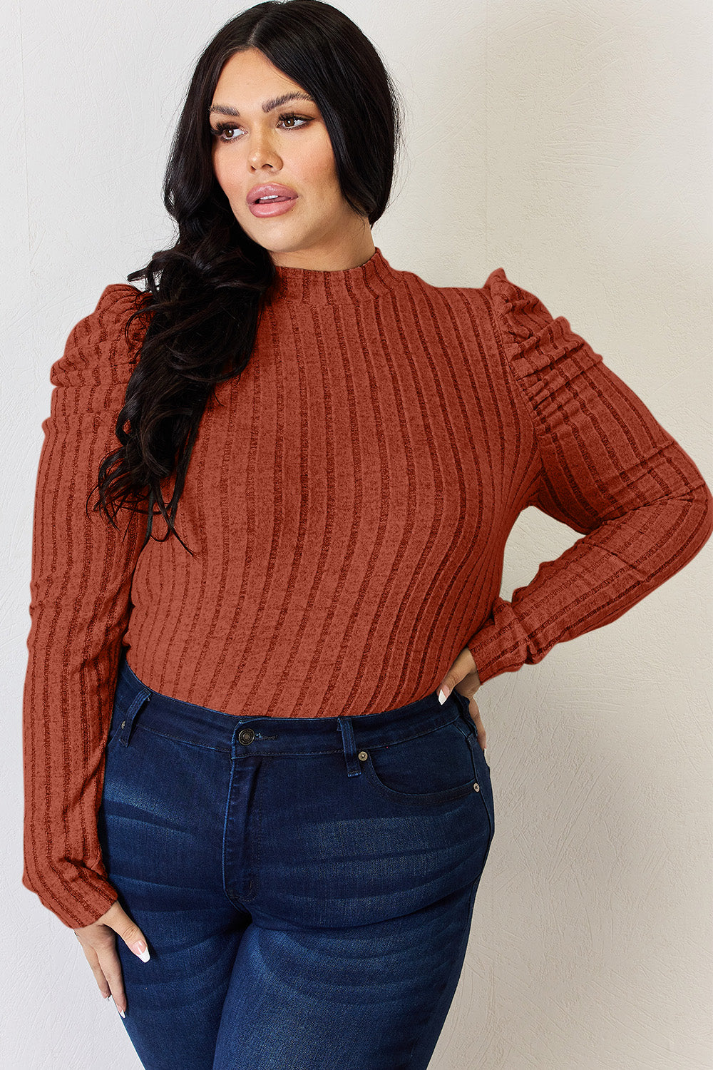 Basic Bae Mock Neck Ribbed Puff Sleeve Shirt