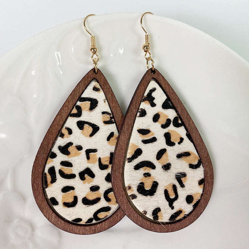 Wooden Teardrop Animal-Print Earrings