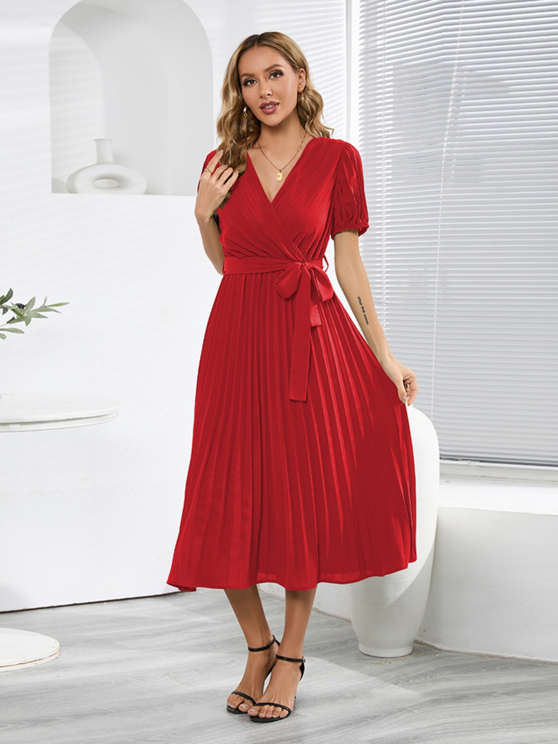 Pleated Short-Sleeved Midi Dress