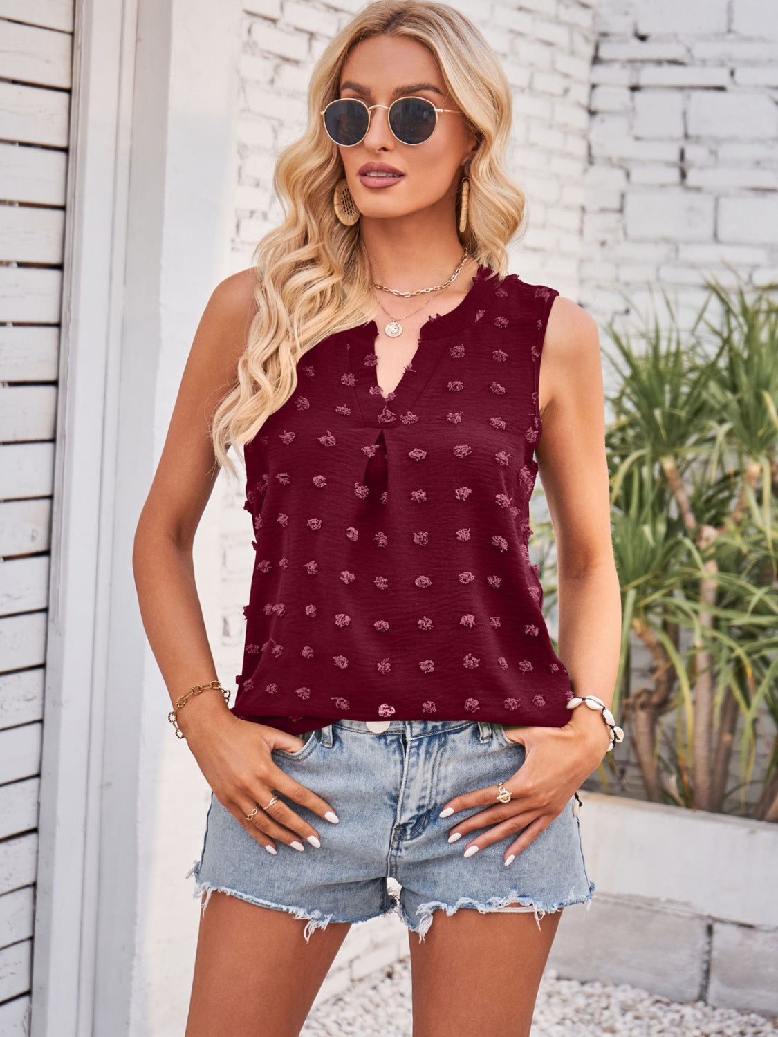 Swiss Dot Notched Sleeveless Blouse