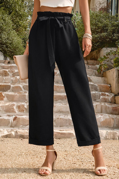 Paperbag-Waist Cropped Straight-Leg Pants