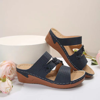 Faux-Suede Flower Wedge Sandals