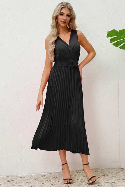 Sleeveless Pleated V-Neck Dress