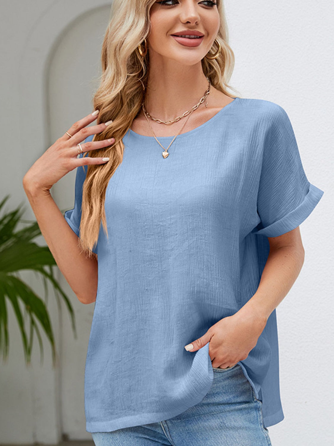 Cotton Chinlon Short-Sleeved Blouse