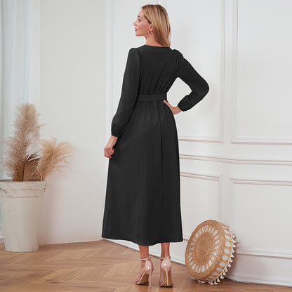 Buttoned V-Neck Long-Sleeved Dress