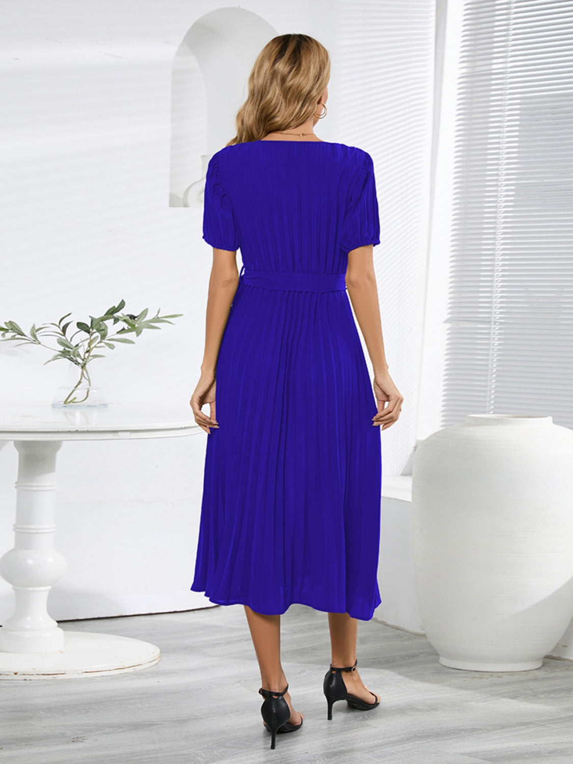 Pleated Short-Sleeved Midi Dress