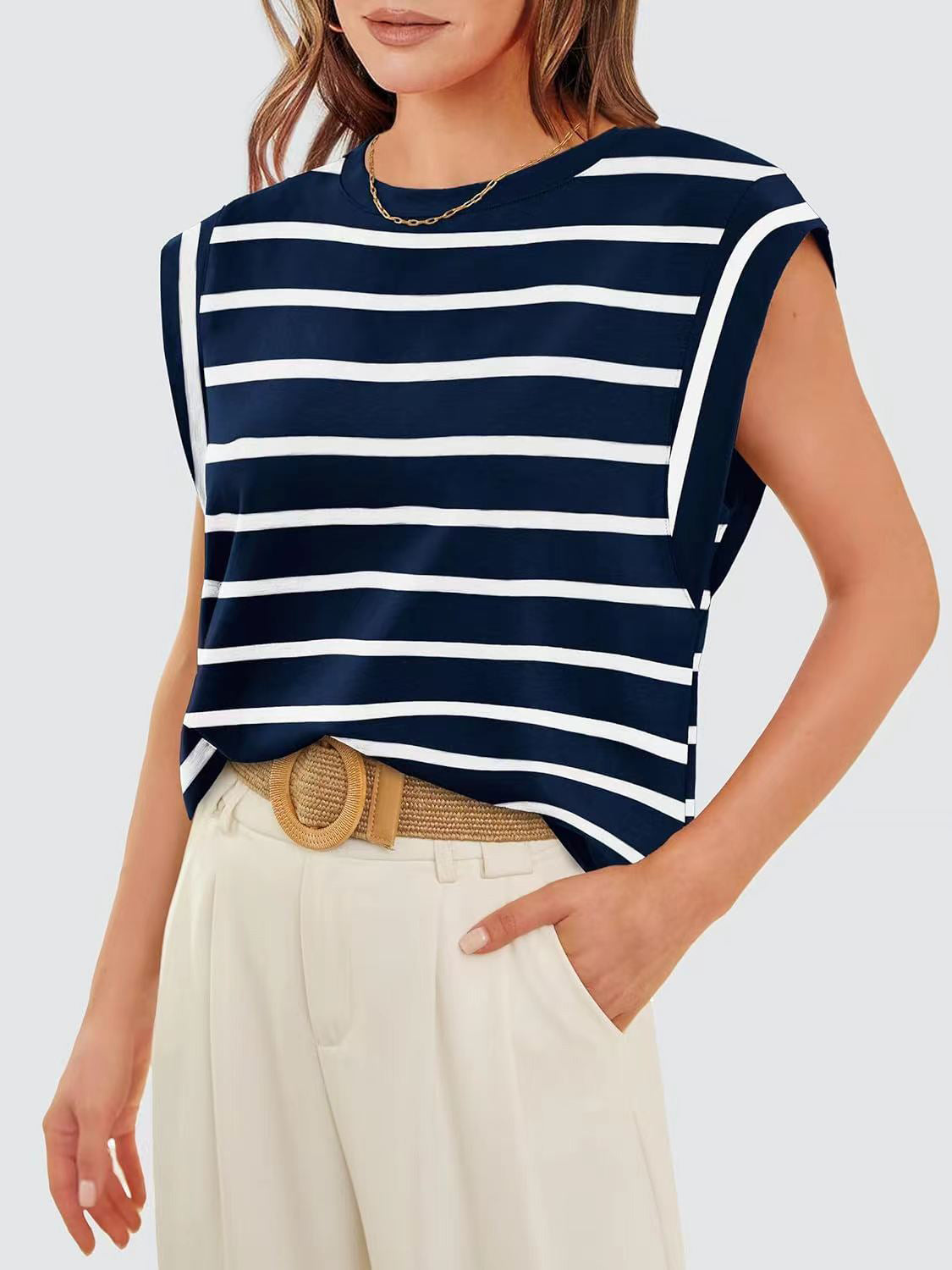 Striped Cap-Sleeve Blouse