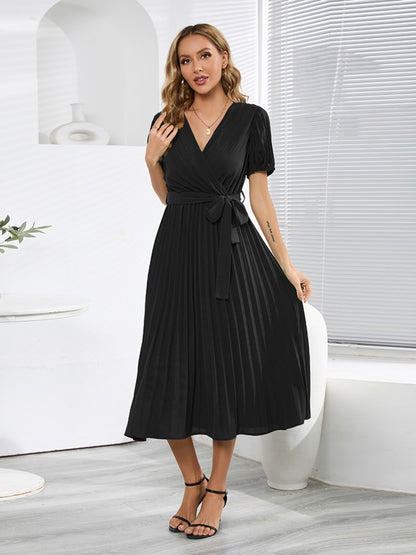 Pleated Short-Sleeved Midi Dress