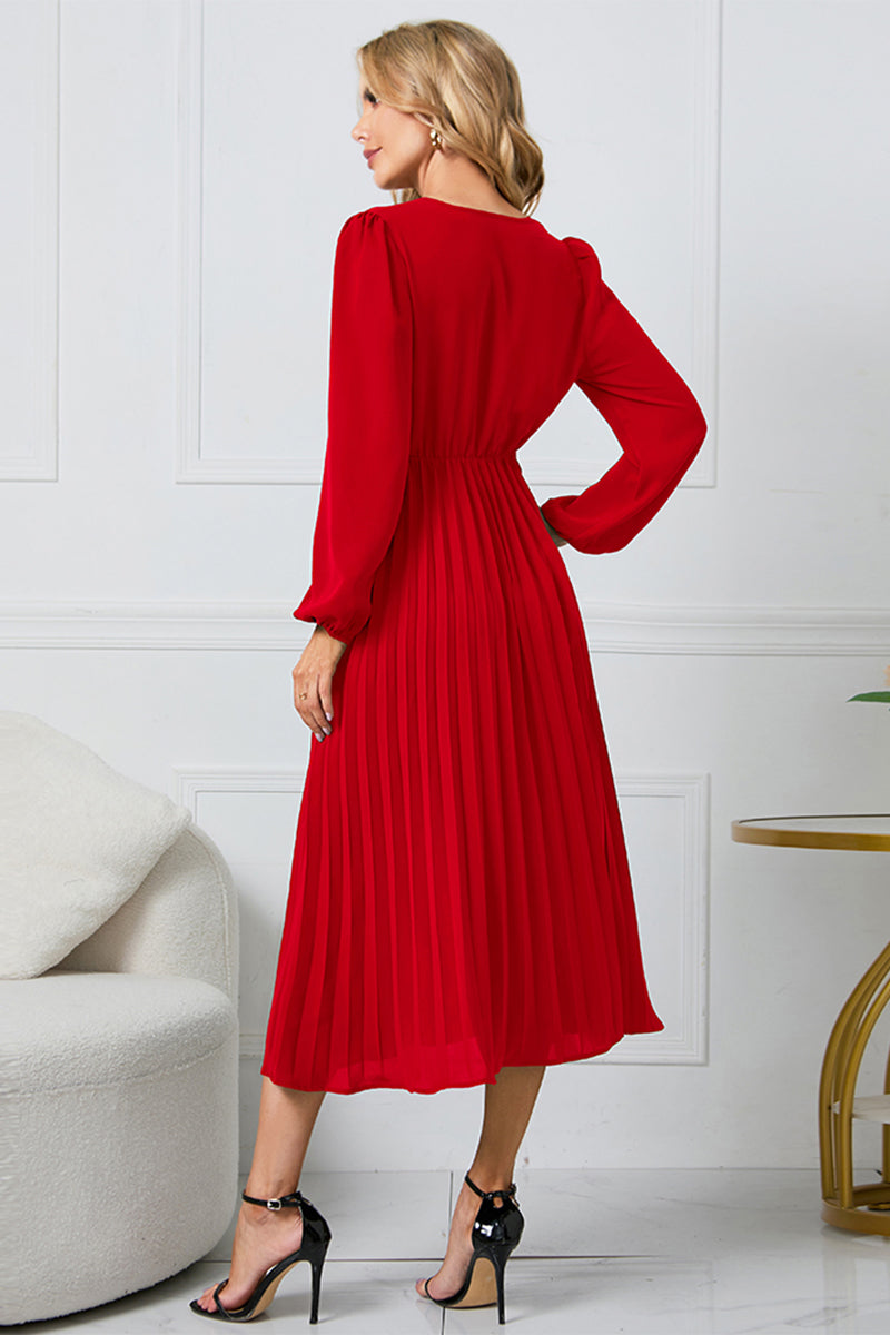 V-Neck Long-Sleeved Midi Dress