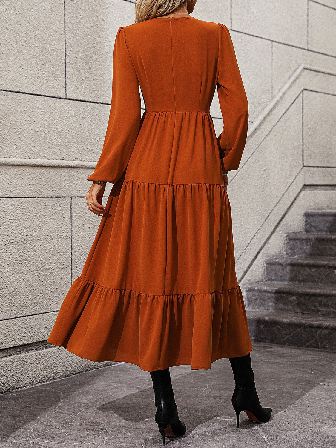 V-Neck Long-Sleeved Tiered Midi Dress